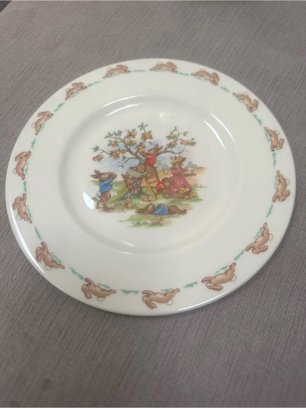 Royal Doulton Bunnykins White Plate with Gold Crest and Brown/Red Motif